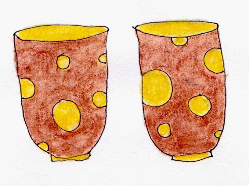 Red handle-less cups with yellow spots